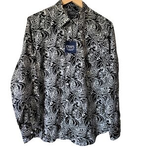 Chaps Women's Black & White Paisley - No Iron Button Down Shirt 100% Cotton - 1X